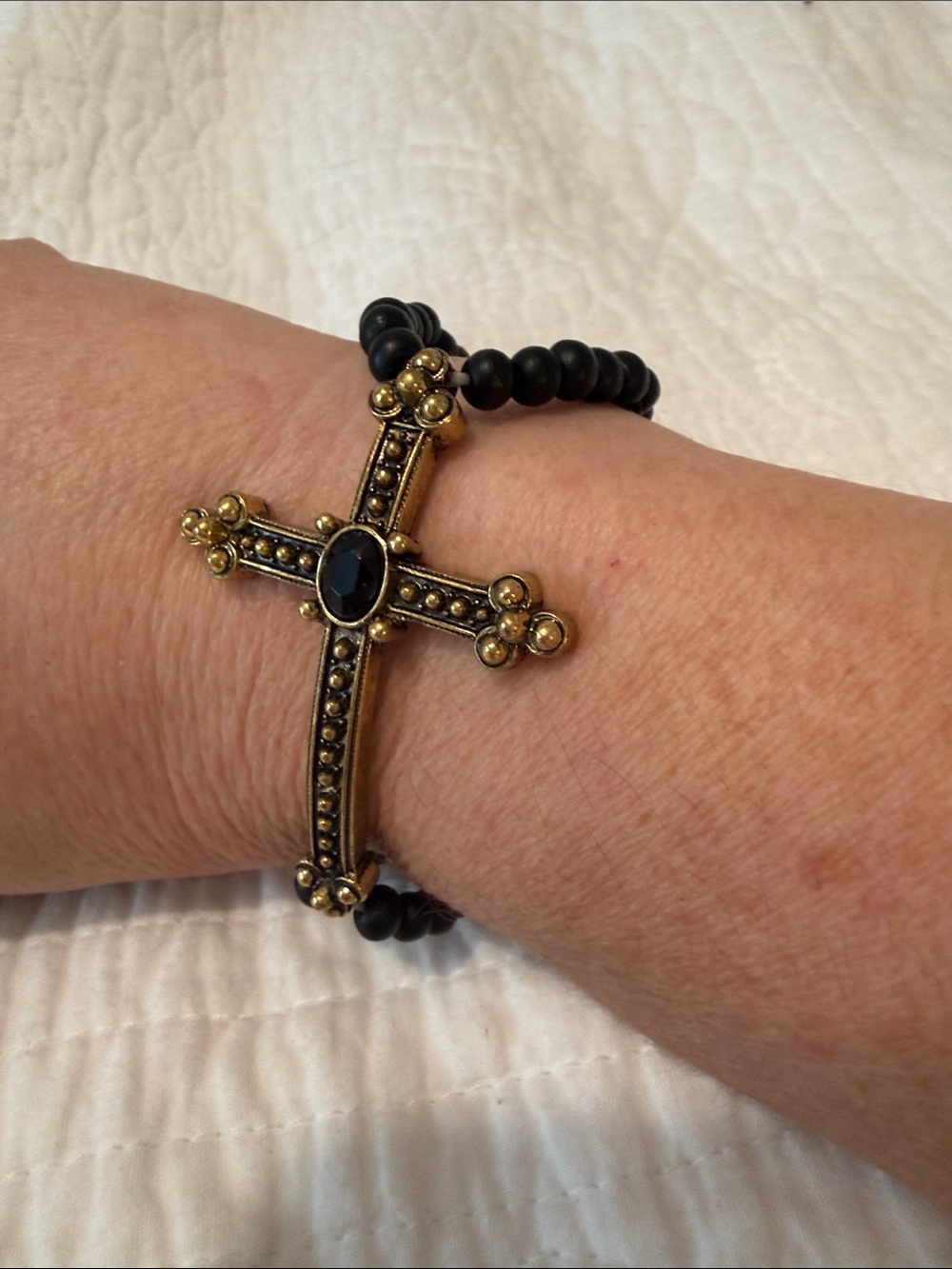 Plunder Gold-Tone Cross Bracelet with Black Beads